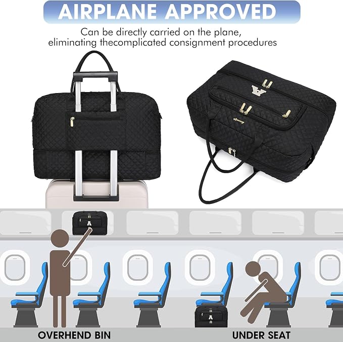 Initial Travel Duffle Bag for Women - Black Personalized Weekender Bags Overnight Bag with Shoe Compartment & Wet Pocket Weekend Tote Bags with Toiletry Bag Monogram Gifts (Letter A)