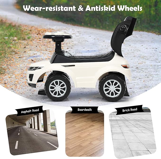 GLACER Push Cars for Toddlers 1-3, 3-in-1 Kids Sliding Car with Detachable Guardrail, Horn, Music, Lights, Storage Box and Anti-Roll Design, Ride on Push Car for Boys Girls(White)