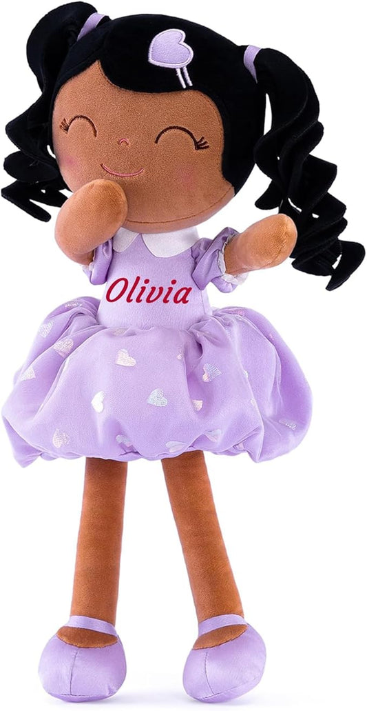 Gloveleya Personalized Baby Doll – Custom Name Rag Doll with Curly Hair & Purple Heart Dress | Birthday Gift for Girls Toddlers Kids | Soft Keepsake Plush Toy 16"