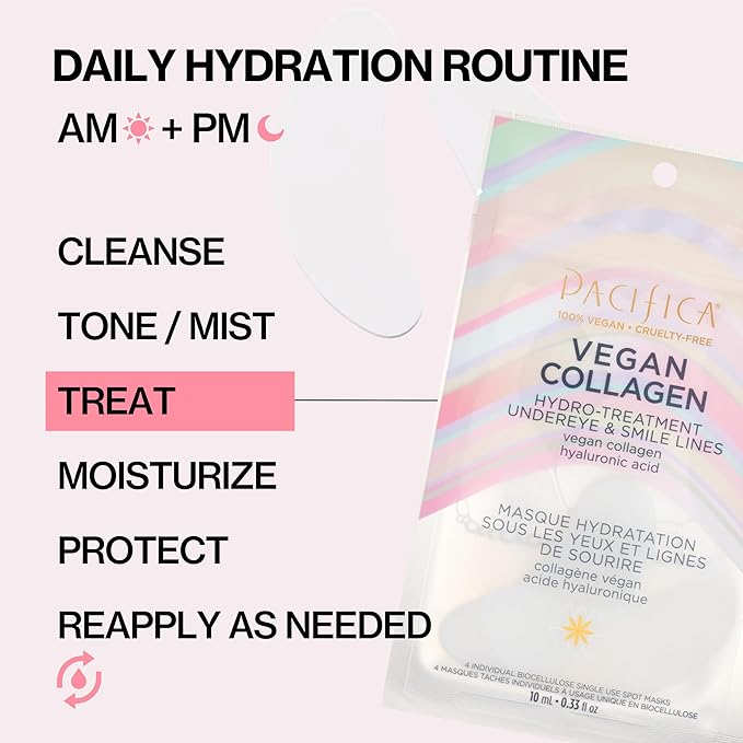Pacifica Undereye & Smile Mask Set – Vegan Collagen Hydro Treatment with Hyaluronic Acid, Hydrating for Dark Circles, Dry & Combination Skin, Vegan & Cruelty-Free, 4 Pieces