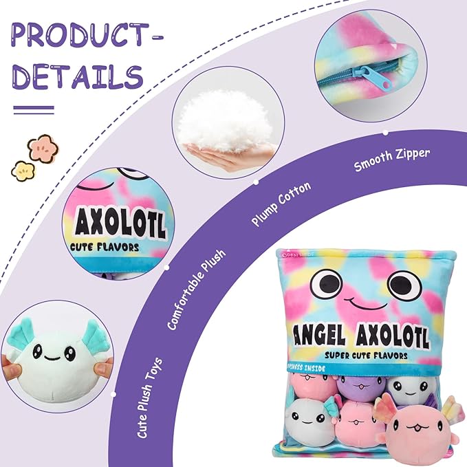 Axolotl Plush Pillow Throw Pillow, Cute Axolotl Plush Toys Doll, Stuffed Axolotl Gift for Kids, Birthday, Christmas, Baby Shower (6 pcs, Colorful)