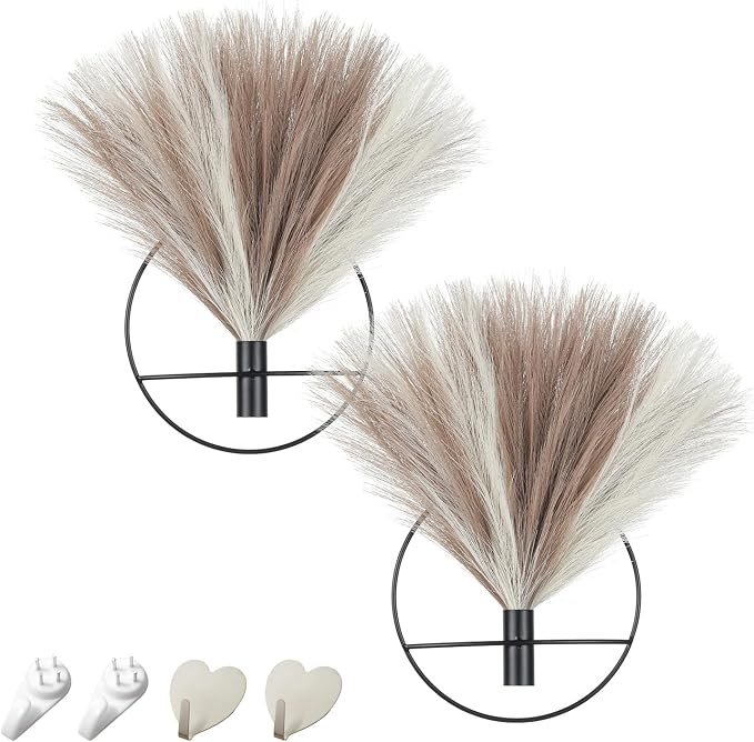 Pretty Jolly Boho Pampas Wall Decor Black Metal Wall-Mounted Art | Morden Artificial Greenery Display，2 Pack Hanging Planter For Living Room, Bedroom, Bathroom, Dining room