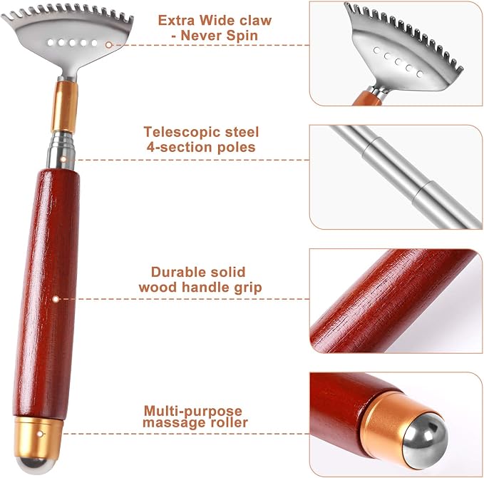 Back Scratcher for Women Men Adults Extendable with Roller Ball & Solid Wood Handle & Sturdy 304 Stainless Steel Claw, Handheld Massager for Face Neck Foot Body