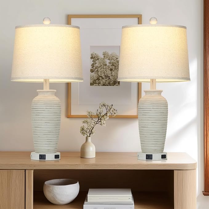 CINSARY 25" Retro White Farmhouse Jar Table Lamps Set of 2, 3 Way Touch Control Rustic Bedside Lamps with USB A+C Ports & AC Outlet, Pot Nightstand Lamps for Bedroom Living Room (LED Bulbs Included)