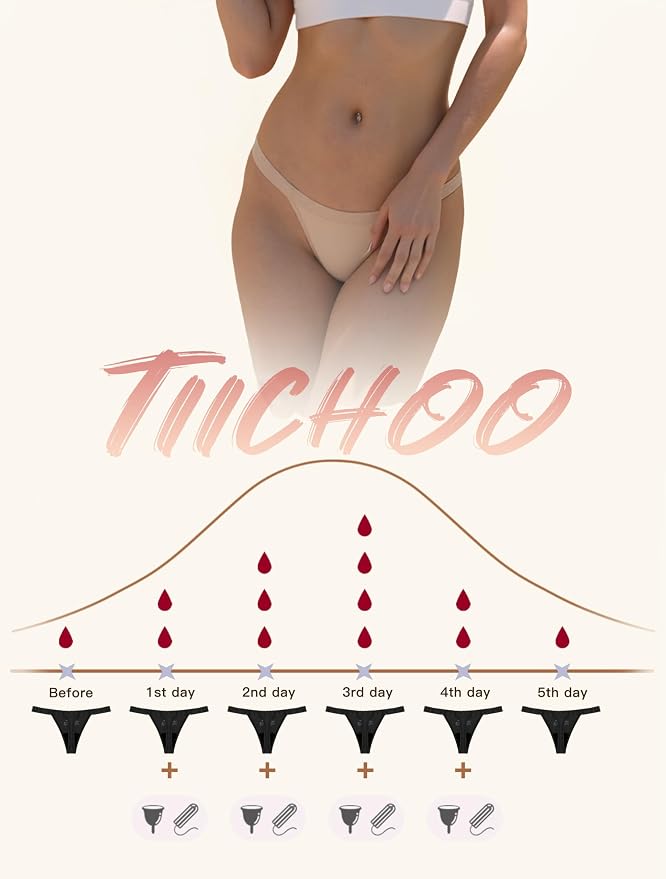 TIICHOO Period Thong Underwear for Women Lace Period Panties Thong Light Absorbency Leakproof Underwear Pack of 6