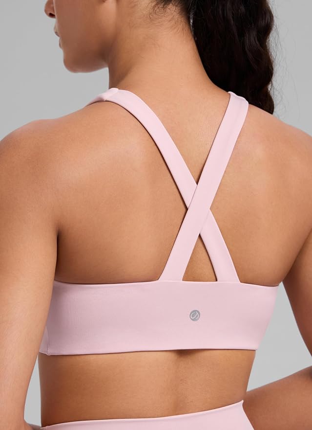 CRZ YOGA SculptAir Wide Straps Cross Back Sports Bras for Women - U Neck Medium Impact Wireless Padded Workout Top