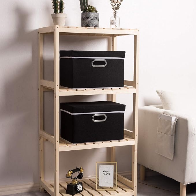 Foldable Storage Bin with Lid [5-Pack] Linen Fabric Decorative Storage Box Organizer Container Basket Cube with Handles Divider for Closet Office Living Room Black(14.9x9.8x9.8)