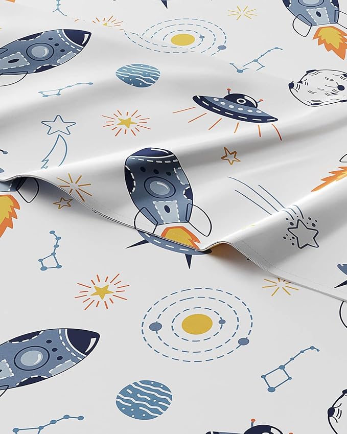Kids Twin Size Bed Sheet Set - 3 Piece Kids Loft Bed Sheets - Space Galaxy Theme bedding - Soft, Cute - Breathable and Machine Washable - Spaceship Rocket Bed Set for Boys, Girls, Teens and Toddlers