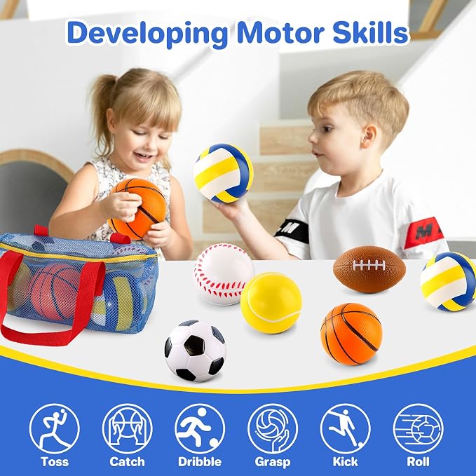 Balls Toys Gift for Toddlers 3 4 5 Years Old,6 Small Sports Foam Balls for Baby with Soccer Ball,Basketball,Football,Baseball,Tennis Ball and Volleyball,Mini Soft Balls for Kids Boys Girl