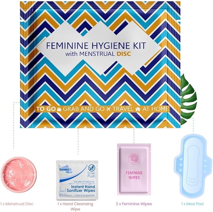 Menstrual Disc Kit with Pad – Single Pack | Convenient On-the-Go Period Essentials | Includes Pads, Feminine Wipes, and Hand Wipe for Complete Hygiene Care (Zig Zag)