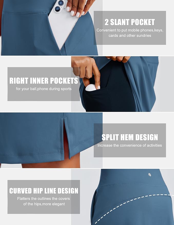 PINSPARK 20" Skorts for Woman Knee Length UPF 50+ Golf Skirts | 4 Pockets, Built-in Shorts, High Waisted, Split Hem, Silky-smooth, Moisture-wicking, for Golf Athletic Tennis Workout Casual