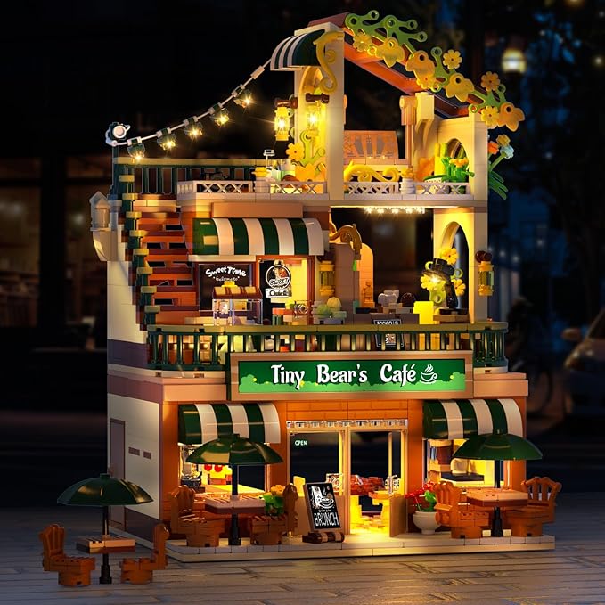 City Coffee House Building Set with Light, 1173 PCS Cafe Shop Building Block Toy with Ordering Counter Baking Room, Architecture Construction Model for Adults Teens Kids Boys Girls Ages 6-12+