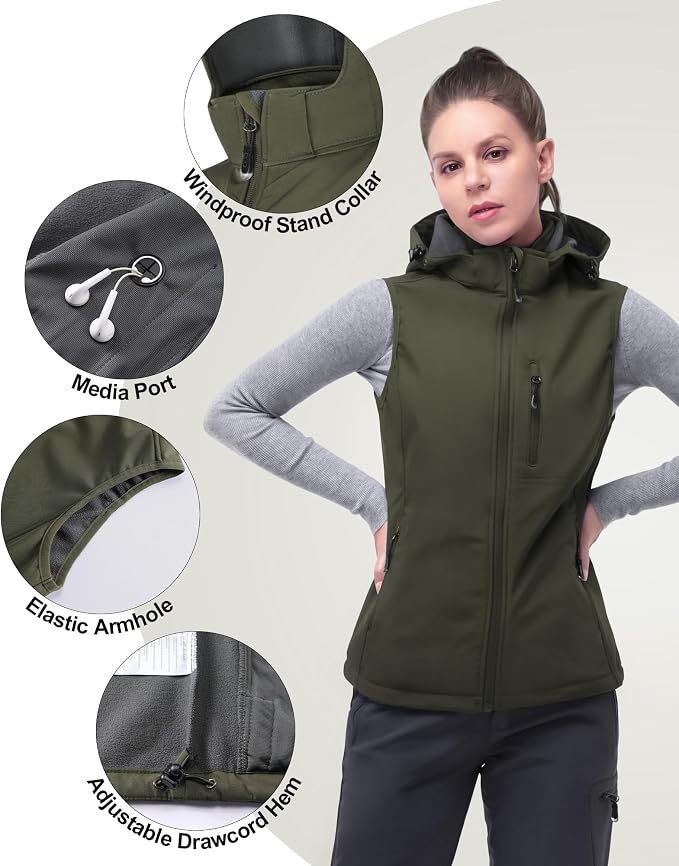 33,000ft Women's Hooded Lightweight Softshell Vest Fleece Lined Windproof Zip Up Sleeveless Jacket for Hiking Golf Running