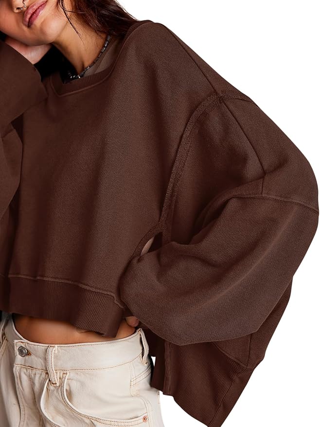 Zwurew Womens Casual Sweatshirt Cropped Shirts | Loose Fit, Tee Top, Pullover, Crop Hem, Design Trim, Daily Tops