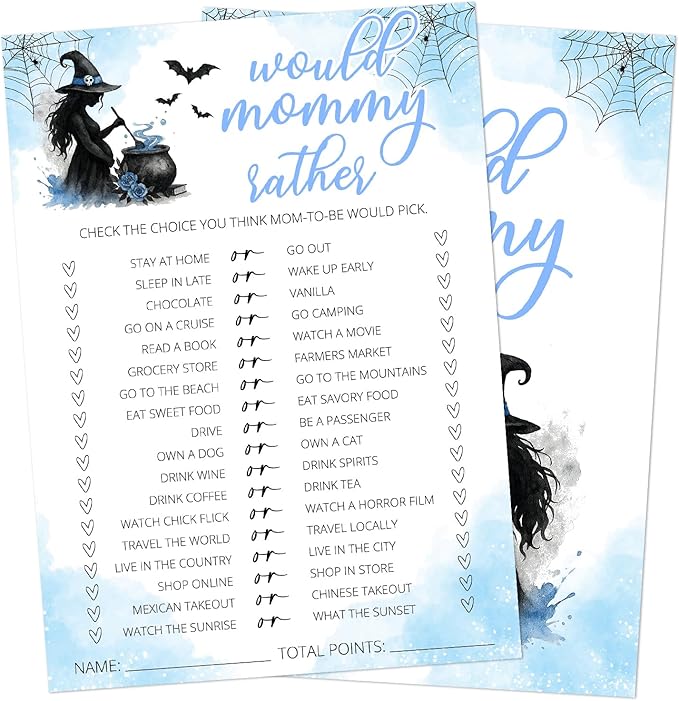 Hilarious Baby Shower Games, 25 Sets Halloween Would Mommy Rather, Blue Witch Gender Reveal Party Game Cards for Baby Announcement Supplies - B05