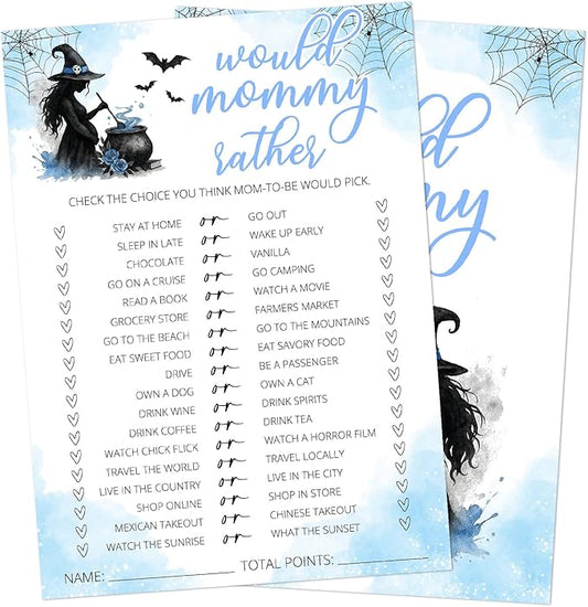 Hilarious Baby Shower Games, 25 Sets Halloween Would Mommy Rather, Blue Witch Gender Reveal Party Game Cards for Baby Announcement Supplies - B05