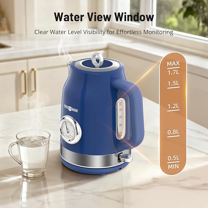 PARIS RHÔNE Retro Stainless Steel Electric Kettle, 1.7L Cordless Hot Water Tea Kettle with Thermometer, 1500W Fast Heating, LED Indicator, Auto Shut-Off & Boil Dry Protection