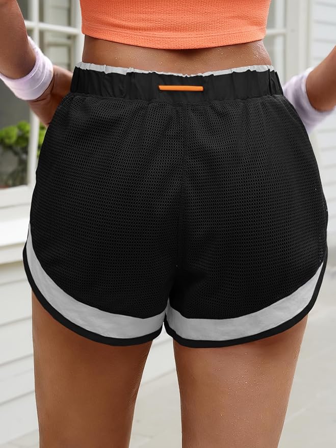Fisoew Women Athletic Shorts 2 in 1 Running High Split Color Block Workout Yoga Mesh Shorts Pocket Drawstring