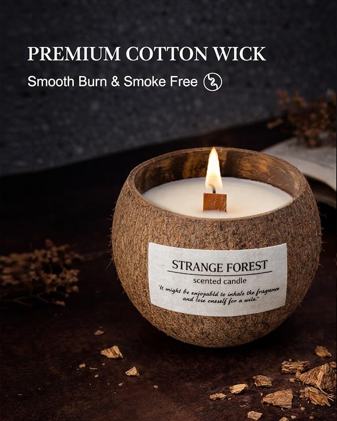 Camellia Coconut Shell Scented Candle for Home, Natural Soy Wax Wooden Wick Candle, Handmade Non Toxic Aromatherapy Candle Gifts for Women, 50 Hour Long Lasting Decorative Candles