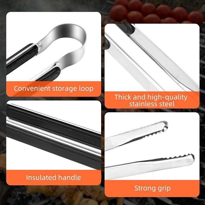 8 Pack Premium Stainless Steel Kitchen Tongs, Serving Tongs for Cooking, XEVOM Metal Food Tongs with Non-Slip Grip, Heat Resistant Grill Tongs