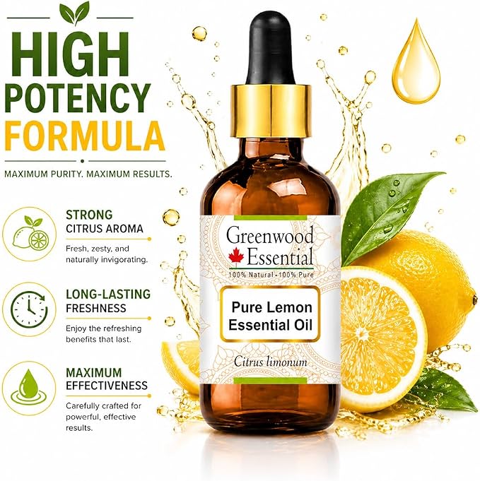 Greenwood Essential Pure Lemon Essential Oil (Citrus limonum) with Glass Dropper Steam Distilled 5ml (0.16 oz)