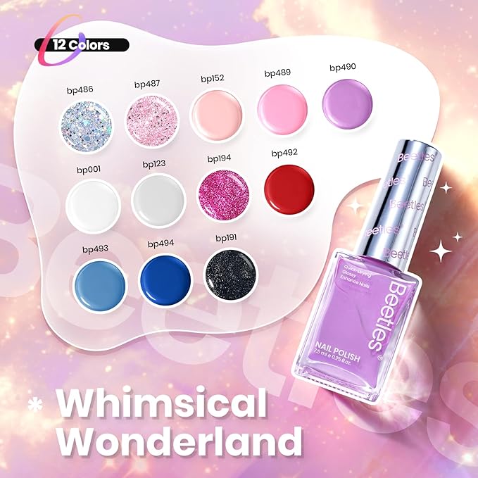 Beetles Nail Polish Set - Quick Dry Nail Polish Kit 12 Colors Pink Glitter Green Blue Yellow Red Regular Air Dry Fingernail Polish Pack for Women Spring Gift Beetles Colorful Canvas 12 Colors