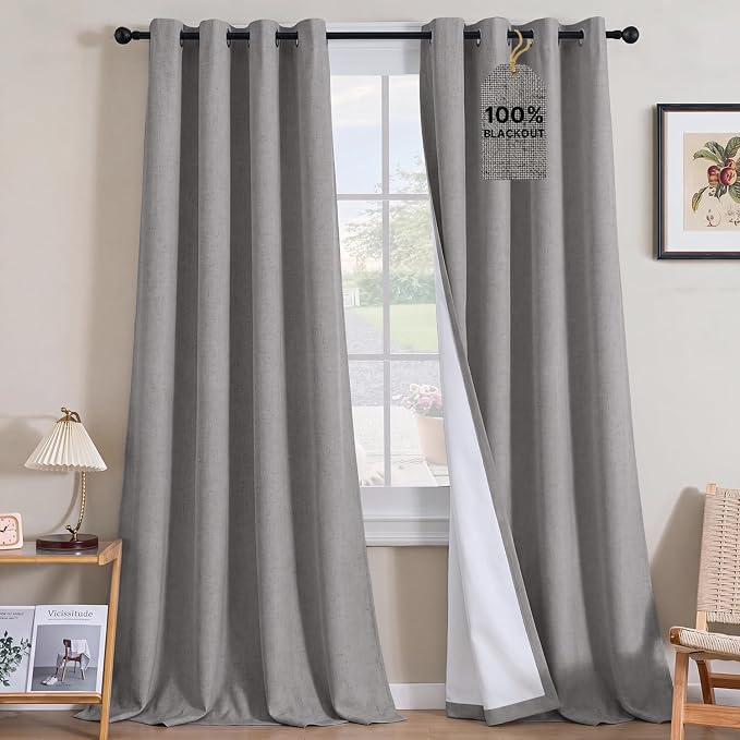 H.VERSAILTEX Linen Curtains 100% Blackout Curtains for Bedroom 120 inch Long Full Light Blocking Nature Linen Blended Window Curtains for Living Room Nickel Grommet (2 Panels, Heathered Dove)