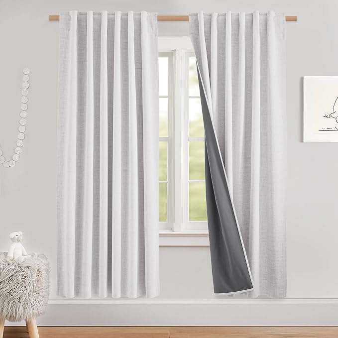 NICETOWN Linen 100% Blackout Nursery Curtains, Thermal Insulated & Noise Reducing Draperies with Grey Liner, Noise Reducing Short Drapes for Kids Room (52" W by 68" L, 2 Panels, Greyish White)