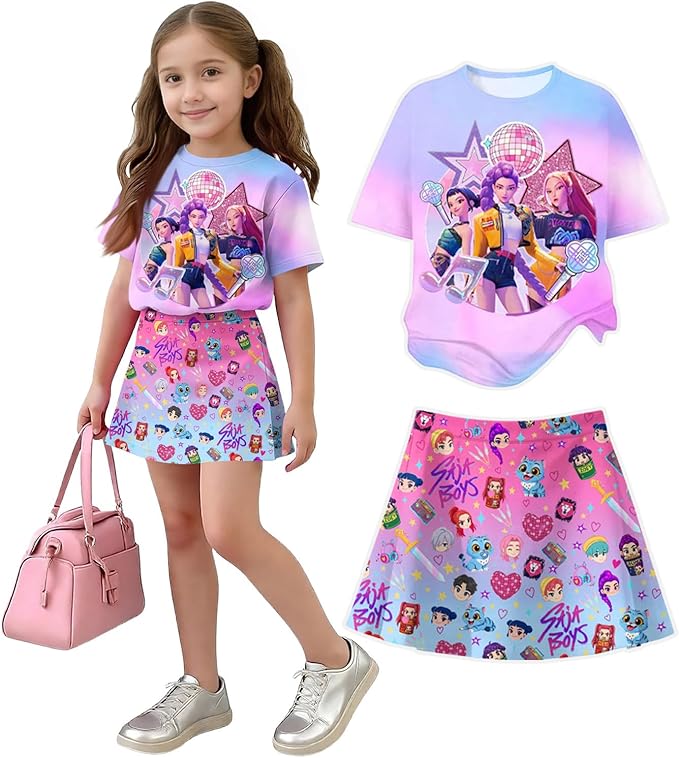 HTHLVMD K Pop Short Sleeve T-Shirt and Skirts Outfits Set for Girls Hunters Rumi Mira Zoey Graphic Tees De-Mon Costume