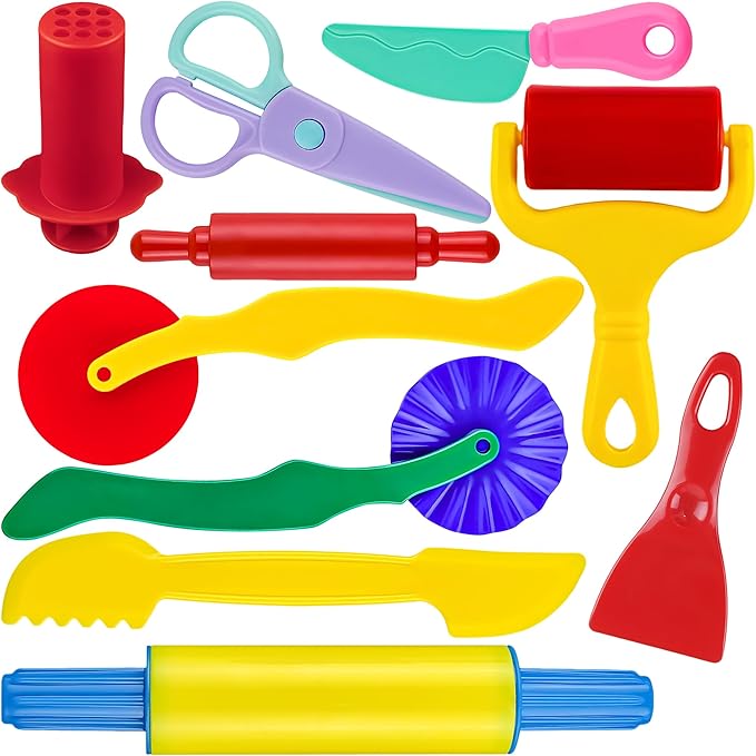Dough Play Tools Set for Kids, 10 PCS Basic Dough Starter Set with Pizza Cutters, Safety Scissors, Rolling Pin, Roller, Extruder