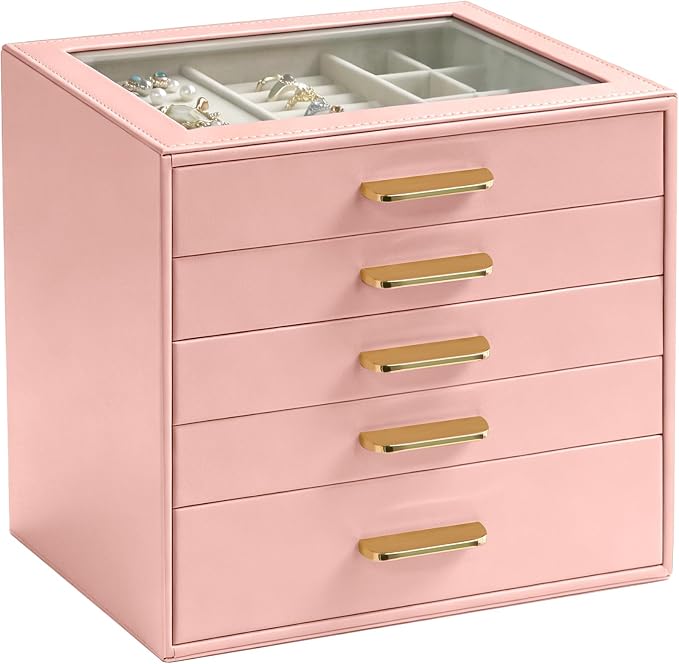 Homeanda Jewelry Boxes Organizer with Glass Lid, 5-Layer PU Leather, Pink | Modern style display case with 5 drawers for daily jewelry, women, mom or girl gift