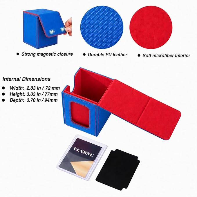 Venssu MTG Deck Box for Commander Display,Card Deck Box Fits 100 Double Sleeved Cards,TCG with 2 Dividers and 1 Toploader (Blue and Red)