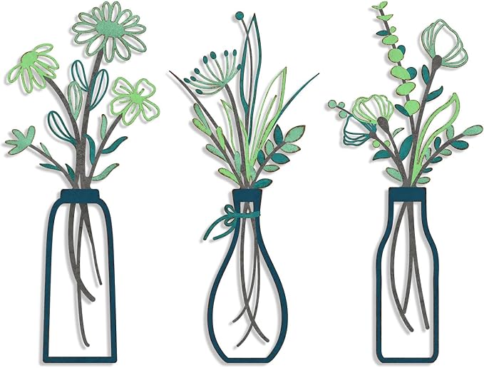 Pigort 3 Pieces Metal Flowers Wall Arts - Rustic Farmhouse Style Décor Metal Wall Art Minimalist Flower Natural Themed Wall Decors for Home Bedroom Dining Room Housewarming (Deep green)