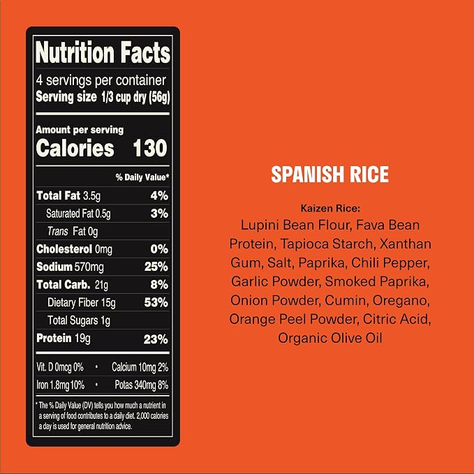 Kaizen Low Carb Rice, 20g High Protein, 6g Net Carb, Spanish 8 Oz (3-Pack) | High Fiber 15g, Gluten-Free, Keto-Friendly, Plant-Based Lupini Orzo, Non-GMO, Kosher, Protein Base for Bowls