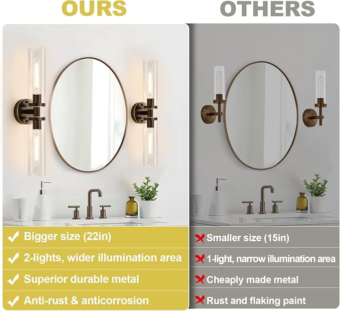 Indoi Wall Sconces Set of Two, Hardwired Brown Bathroom Sconces Wall Lighting with Clear Glass, Modern Sconces Wall Decor Set of 2 Bathroom Light fixtures for Mirror Hallway (Bulbs Not Included)