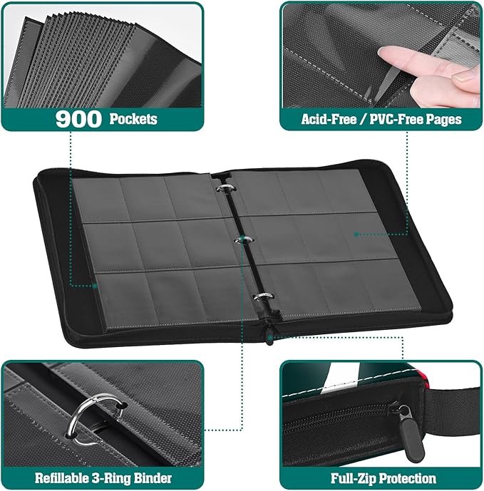 Trading Card Binder, 900 Pockets, 50 Sheets 9-Pocket, Refillable 3-Ring, Fits 2.5" x 3.5" Cards, Acid-Free PVC-Free Pages, Zip PU Cover with Strap, for TCG & Sports Cards – Campfire Design