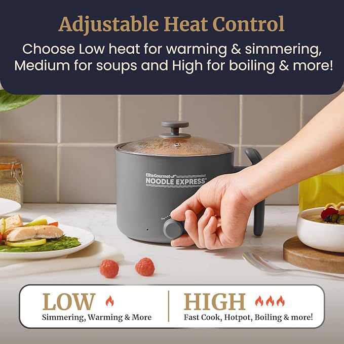 Elite Gourmet Noodle Express Electric Hot Pot, Stainless Steel, Grey | Prepares ramen, rice, soups & stews, boils water fast - glass lid - High/Low/Off settings