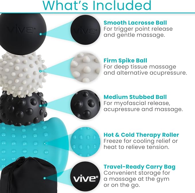 Vive Massage Ball Set (4 Piece) - Plantar Fasciitis Relief Foot Pain Hot Cold Therapy - Heel Spur, Sore Muscle, Trigger Point, Back, Arm, Neck, Shoulder, Leg Circulation Roller