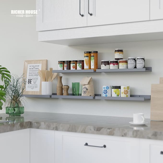 RICHER HOUSE Mounted Shelves for Wall Decor, Modern Picture Ledge Shelf with Lip for Wall Storage Nursery, Bedroom, Living Room, Bathroom - Grey | Display Picture Ledge Shelf, Anti-drop lip Shelf for Room Wall Decor, Bedroom Bathroom Storage Nursery Bo...