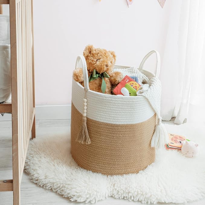 Mkono Woven Storage Basket for Blanket, Toys Plant Organizer, 15"W x 17.7"L | Cream White and Brown, Decorative Basket with Handle, Wood Beads Tassel, Shoes Towel Storage Bin, Living Room Bedroom Nursery