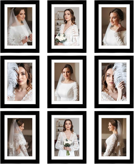 5x7 Picture Frame Set of 9, Display Pictures 4x6 with Mat or 5x7 without Mat, Multi Collage Gallery Square Photo Frames for Wall or Tabletop, Black