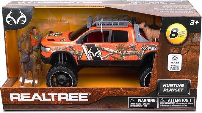 NKOK Realtree Camo 1/18 Scale Free-Wheel 8-PC Play Set, Ford F-250 Super Duty w/Accessories: Roll Bar, Roof Rack, Light Bar, Working Doors and Tailgate, Game Hoist, Hunter, Bow&Arrows, Dog & Elk