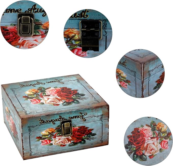 Jolitac Wood Storage Box Set of 3, Vintage Decorative Nesting Boxes Wooden Treasure Storage Crates With Latch, Home Decor Rustic Antique Boxes With Lid for Photos, Jewelry, Cash (Bloom)