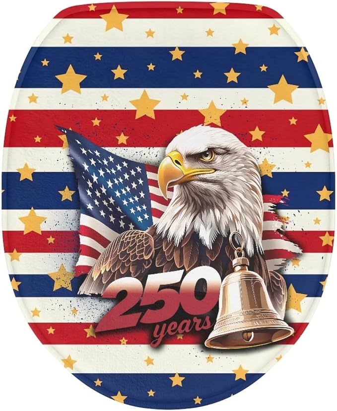 American Flag Toilet Lid Cover Set with Elastic Band US 250 Years Toilet Seat Cushion Cover Replacement for Bathroom Decor Machine Washable Polyester Fabric Bathroom Covers