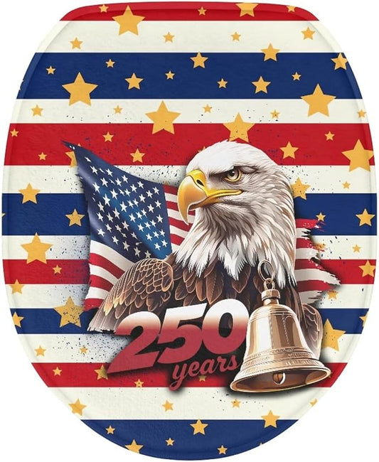 American Flag Toilet Lid Cover Set with Elastic Band US 250 Years Toilet Seat Cushion Cover Replacement for Bathroom Decor Machine Washable Polyester Fabric Bathroom Covers