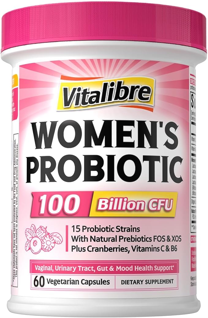 Vitalibre Probiotics for Women 100 Billion CFU 15 Strains, DailyProbiotic & Prebiotic Supplement with Organic Cranberry to SupportVaginal, Digestive, Immune Health, Shelf Stable, 60 Vegan Capsules