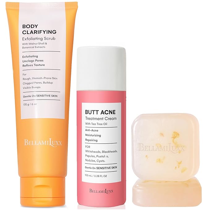 BellamiLuxx Butt Acne Treatment Set: Acne Soap Bar + Butt Treatment Lotion for Breakouts on Buttocks, Thighs, Back, Chest & Ingrown-Prone & Folliculitis-Prone Skin – Helps Reduce Body Breakouts