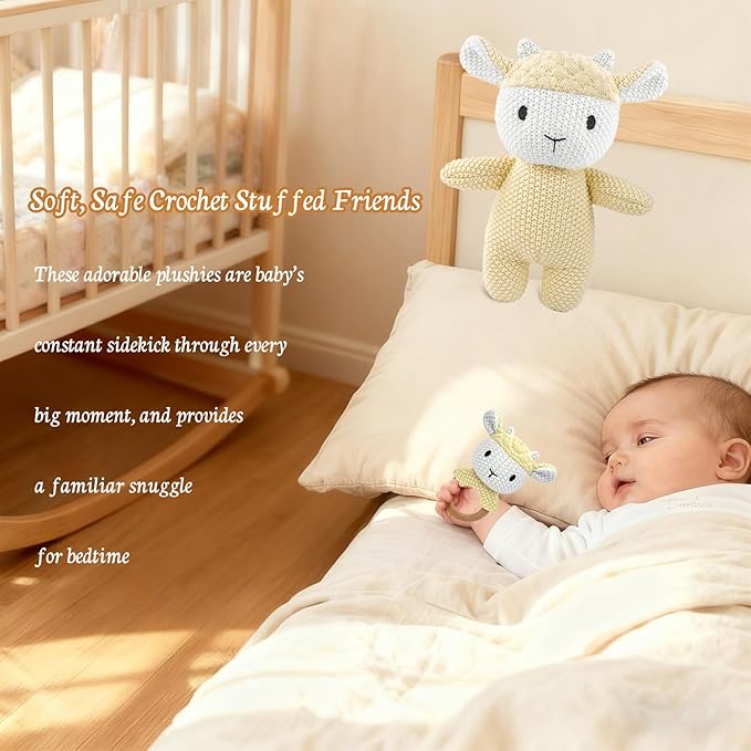 10" Crochet Sheep Stuffed Animal with Rattle, Pure Cotton Soft Crochet Doll Plush Toy for Newborn, Handmade First Birthday Gift