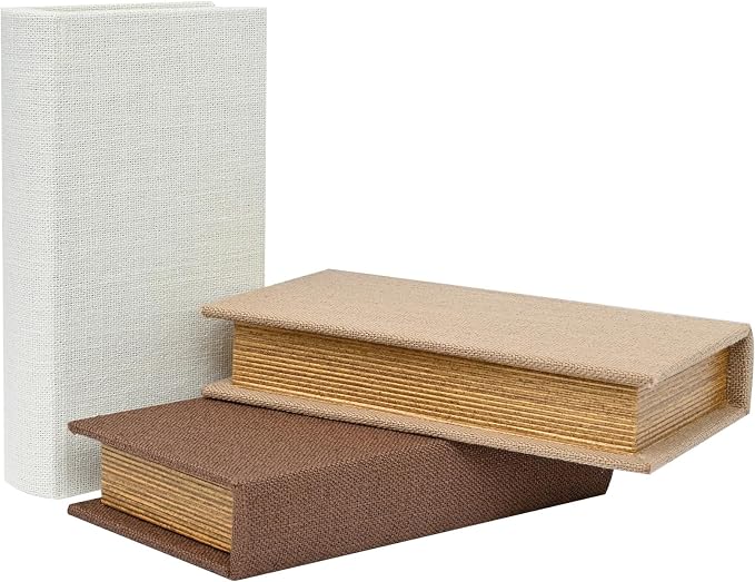 Decorative Linen Faux Book Storage Box Neutral Decorative Book Accent,8" | Vintage book style, faux linen texture, hidden storage, shelf decoration, farmhouse home decor, office organization