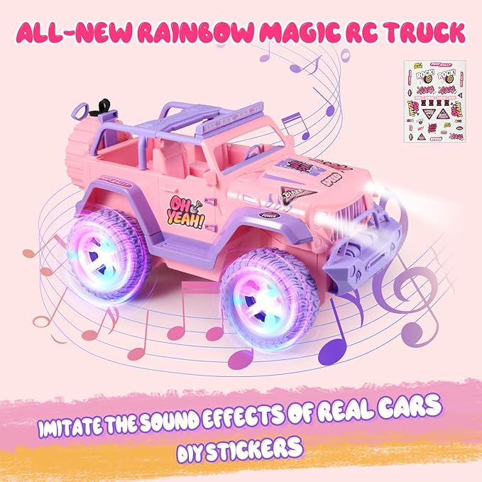 EOQIFJM Remote Control Car for Fog Mist & Music,1:16 RC Cars for Kids with DIY Sticker & Colorful Lights,2.4GHz All Terrain SUV Cars Toys Gifts,Pink,Dual Control